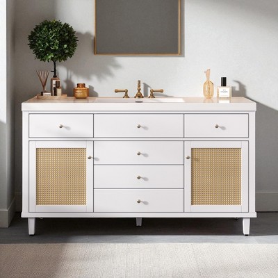 60" Bathroom Vanity with SMC Sink, Freestanding Storage Cabinet with Rattan Doors, Soft Close Drawers, Silver Knobs and Pine Legs