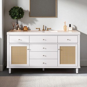60" Bathroom Vanity with SMC Sink, Freestanding Storage Cabinet with Rattan Doors, Soft Close Drawers, Silver Knobs and Pine Legs - 1 of 4