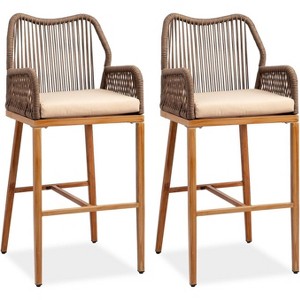 VINGLI Outdoor Bar Stools Set of 2, Heavy-Duty Outdoor Barstools Boho Woven Patio Bar Stools with Backrest, Balcony Pool Bar Chairs with Cushions - 1 of 4