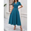 BLUEMING Womens Casual Maxi Dresses Puff Sleeve V Neck Flowy Vacation High Waist Boho Pleated Dresses - 4 of 4