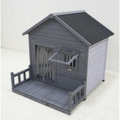 UbMelt Wooden  Dog House with Large Terrace and 2 Bowls Large Outdoor Dog Kennel for Winter Waterproof & Breathable,Gray