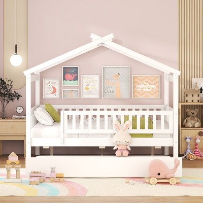 NicBex Full Size Bunk Bed Classic House Shape Loft Bed Draggable Design Pine Bed Frame with Wheels and Guardrails, No Box Spring Required