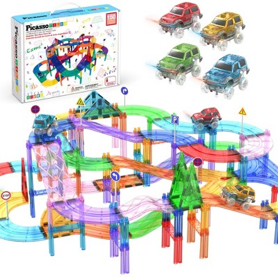 PICASSO-TILES 150 Pc Magnetic Tiles Race Track with 4 Racing Cars, Building Blocks, STEM Toy for Kids
