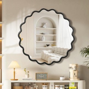 KWPZQEB Circle Mirror for Wall 42 inch, Solid Wood Frame -Wavy Round Mirror for Over Sink, Bathroom, Entryway, Bedroom, Vanity - 1 of 4