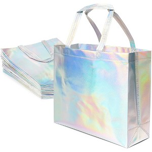 Juvale 4 Pack Reusable Holographic Bags with Handles, Cute Iridescent Bags for Gifts, Shopping and Everyday Use, 14 x 12 x 5 In - 1 of 4