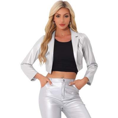 INSPIRE CHIC Women's Faux Leather One Button Lapel Collar Cropped Moto PU Jackets