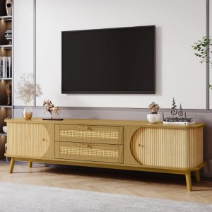 Rattan TV stand for 75" TVs, modern console with 2 cabinets, 2 drawers and hardwood legs - 1 of 4