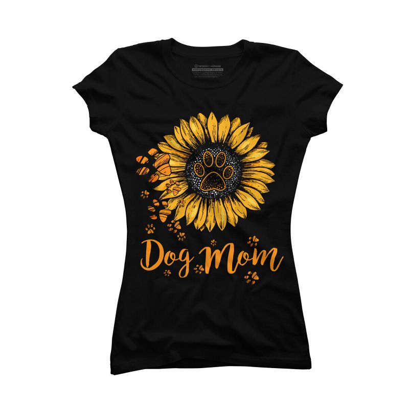 Junior's Design By Humans Mother's Day Dog Mom Sunflower Paw By dodorindesign T-Shirt, 1 of 3
