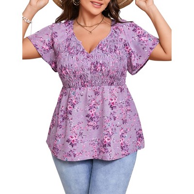 Women's Plus Size Shirt V Neck Smocked Blouse Floral Peplum Shirt Short Sleeve Tunic Top Ruffle Tops