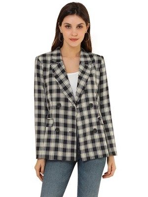 INSPIRE CHIC Women's Casual Fit Notched Lapel Double Breasted Plaid Formal Blazer