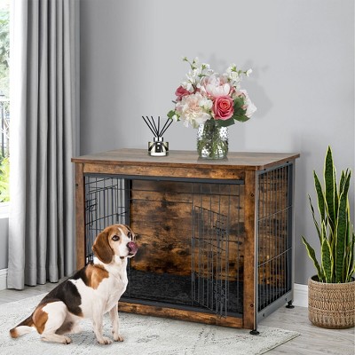 Rustic Brown Wooden Dog Crate End Table with Steel Mesh