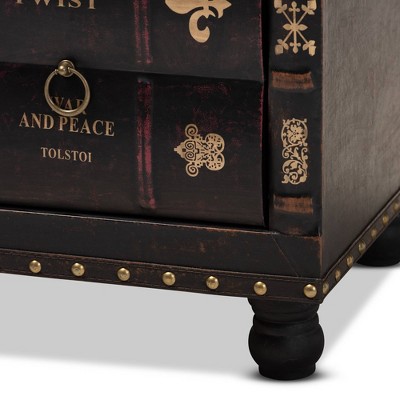 Charlier Rustic Dark Brown Faux Leather Storage Ottoman with Book Spine Drawer