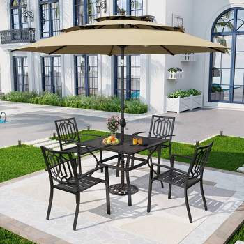 5pc Metal Indoor/Outdoor Square Dining Table with Arm Chairs & Umbrella Hole - Captiva Designs