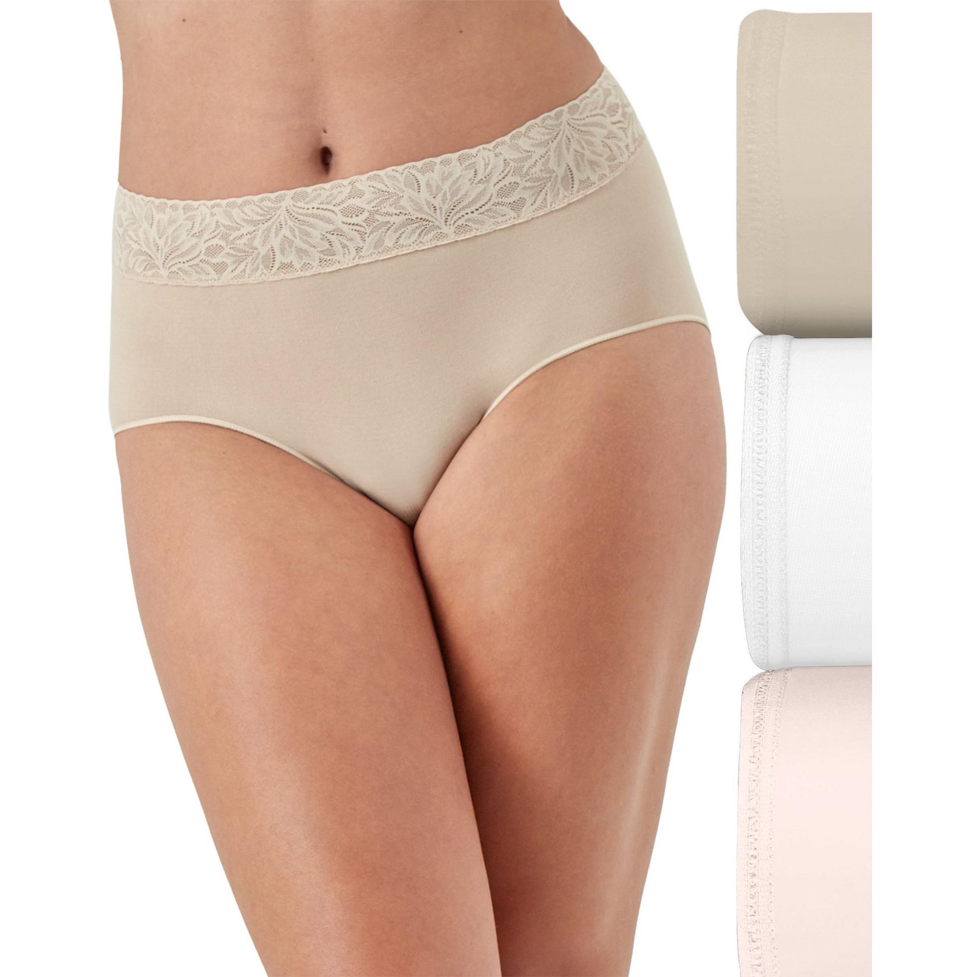 Bali Modern Seamless Lace Trim Brief Underwear, 3-Pack Almond/White/Light Buff 5 Women's