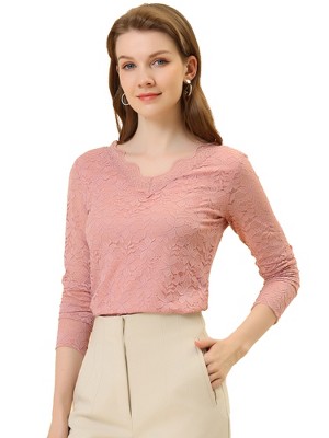INSPIRE CHIC Women's Floral Embroidery Sheer Long Sleeves Lace Blouse