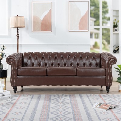 Lycvki 84.65" PU Rolled Arm Chesterfield 3-Seater Sofa