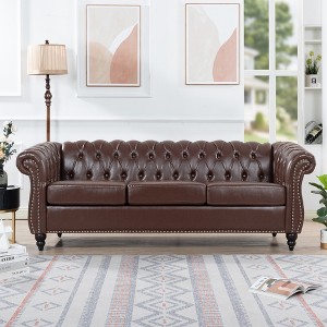 84.65" Chesterfield Sofa,Couch Upholstered Sofa Rolled Arm Sofa with Wood Legs for Living Room - 1 of 4