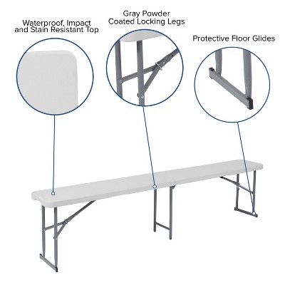 Granite White 6-Foot Foldable Plastic Bench with Gray Metal Frame