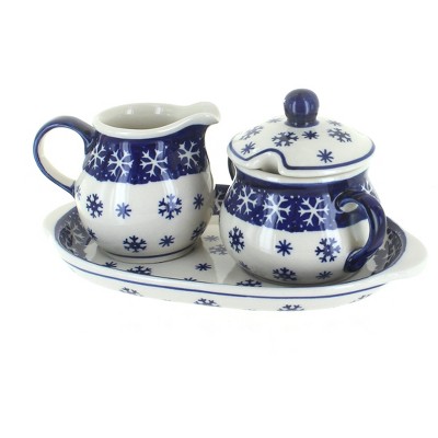 Blue Rose Polish Pottery Snow Flurry Sugar & Creamer with Tray