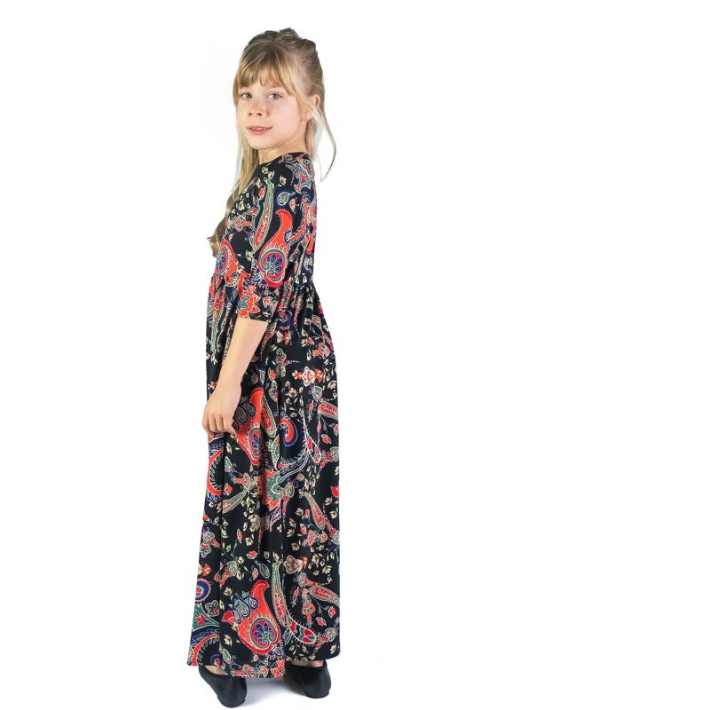 24seven Comfort Apparel Girls Black and Red Paisley Three Quarter Sleeve Pleated Maxi Dress, 3 of 5