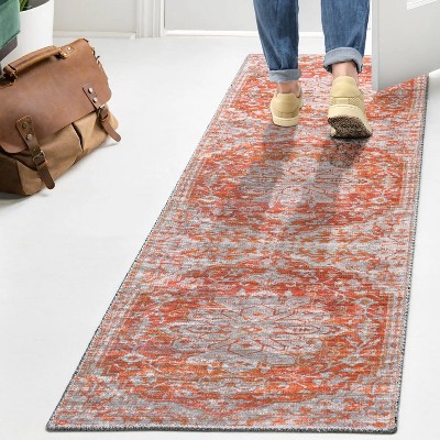 2' x 8' Orange and Cream Synthetic Medallion Runner Rug