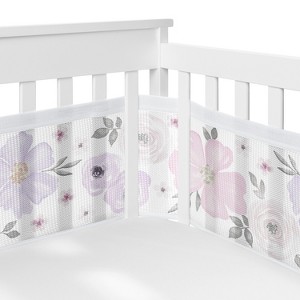 Sweet Jojo Designs + BreathableBaby Breathable Mesh Crib Liner Girl Watercolor Floral Purple Pink and Grey - 1 of 4