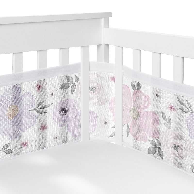Sweet Jojo Designs + BreathableBaby Breathable Mesh Crib Liner Girl Watercolor Floral Purple Pink and Grey, 1 of 6