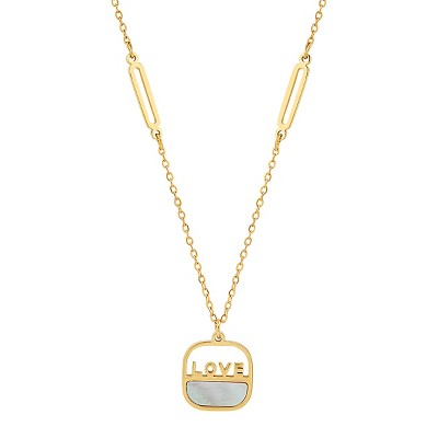 Steeltime mother of pearl "Love" pendant.  Color Options: Gold, Rose Gold