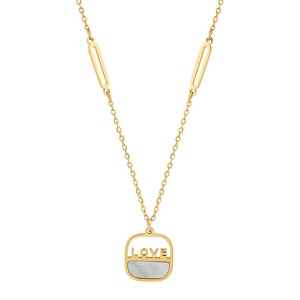 Steeltime mother of pearl "Love" pendant.  Color Options: Gold, Rose Gold - 1 of 4