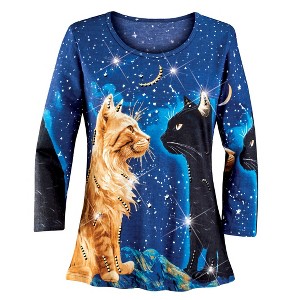 Collections Etc Celestial Cats Sequin Accented 3/4 Length Sleeve Top - 1 of 4