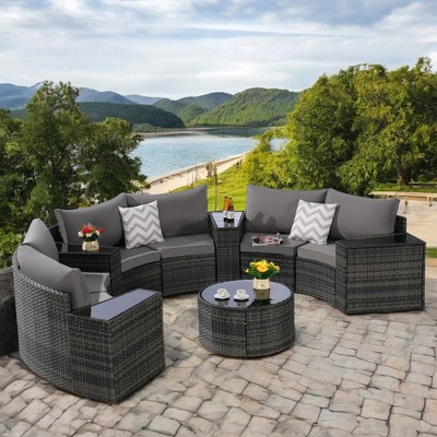 Mshliw 11-Piece Half-Moon Sectional Patio Furniture Set with Cushions & Glass Coffee Table – Modular Outdoor Sofa Set for Garden, Poolside, Backyard