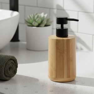 Evideco French Home Goods Natural Bamboo Liquid Soap Dispenser with Matte Black Pump - Refillable Wooden hand wash dispenser, 10 fl oz - - 1 of 4