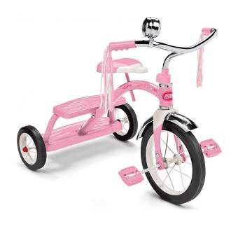 Radio Flyer 33PZ 12 Inch Spoked Front Wheel Kids Classic Style Steel Framed Dual Deck Tricycle with Handlebar Bell and Streamers, Pink