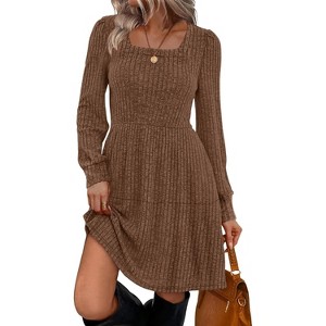 Square Neck Long Sleeve Babydoll Sweater Dress | Casual Fall Dress for Women Pretty Chocolate - 1 of 4