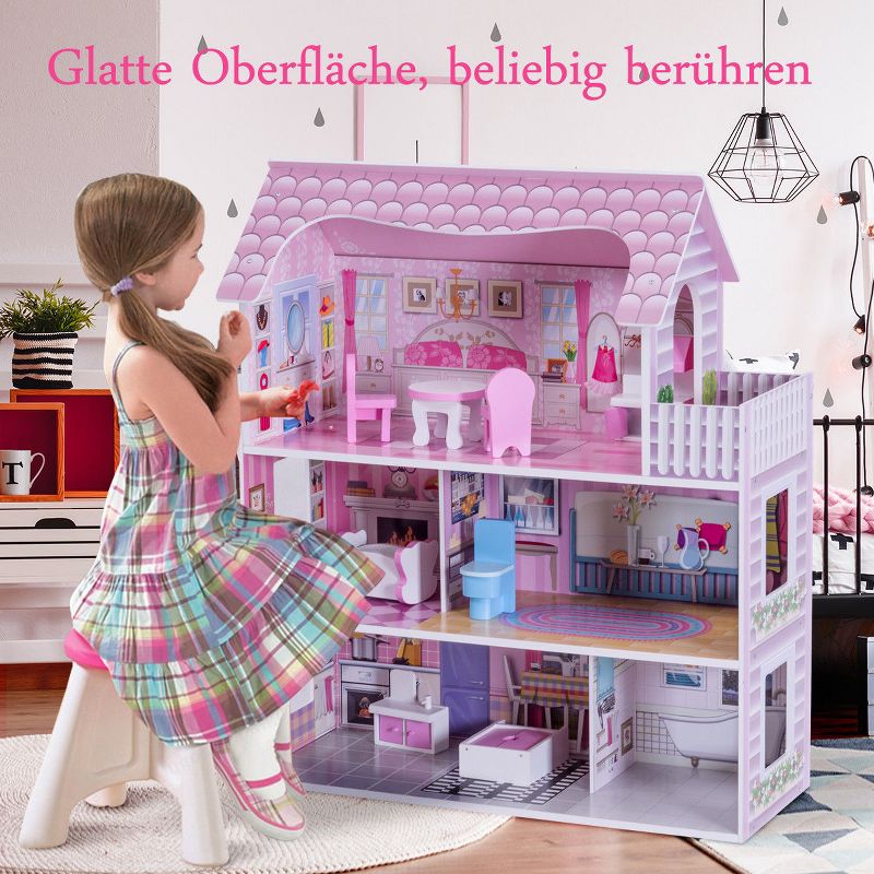 Costway 28'' Pink Dollhouse w/ Furniture and Play Accessories  for Girls, 3 of 11