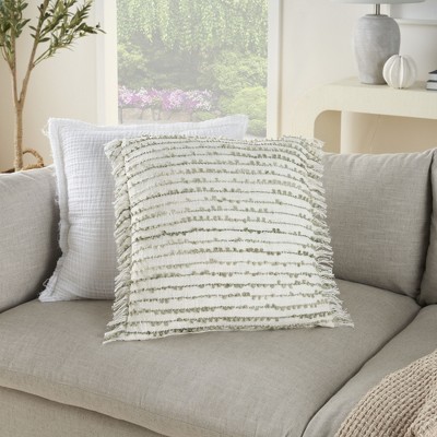 Sage Green Cotton and Polyester Square Throw Pillow with Fringe Edges