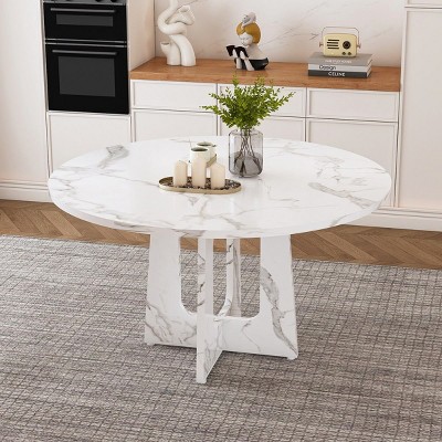 47" Farmhouse Round Dining Table for 4, Rustic Wood Grain Kitchen Table, Modern Dining Room Table with Cross Pedestal Base-The Pop Home