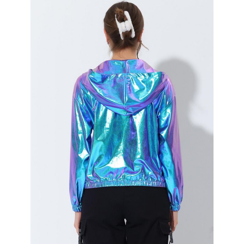 Allegra K Women's Casual Holographic Hooded Long Sleeve Zipper Metallic Jacket, 3 of 5