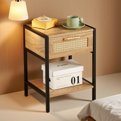 KWPZQEB Rattan Nightstands, End Table with Drawer,  Boho Bed Side Tables, Wood Accent Table for Living Room, Bedroom