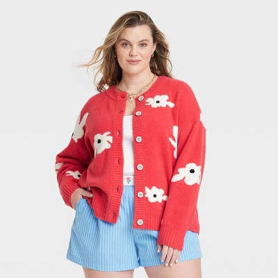 Women's Button-Front Cardigan - Universal Thread™ Red/White Floral 4X