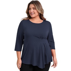 GRACE & GRANDEUR Women's Plus Size 3/4 Sleeve Waist Pleated Asymmetric Hem Crew Neck Casual Blouses - 1 of 4
