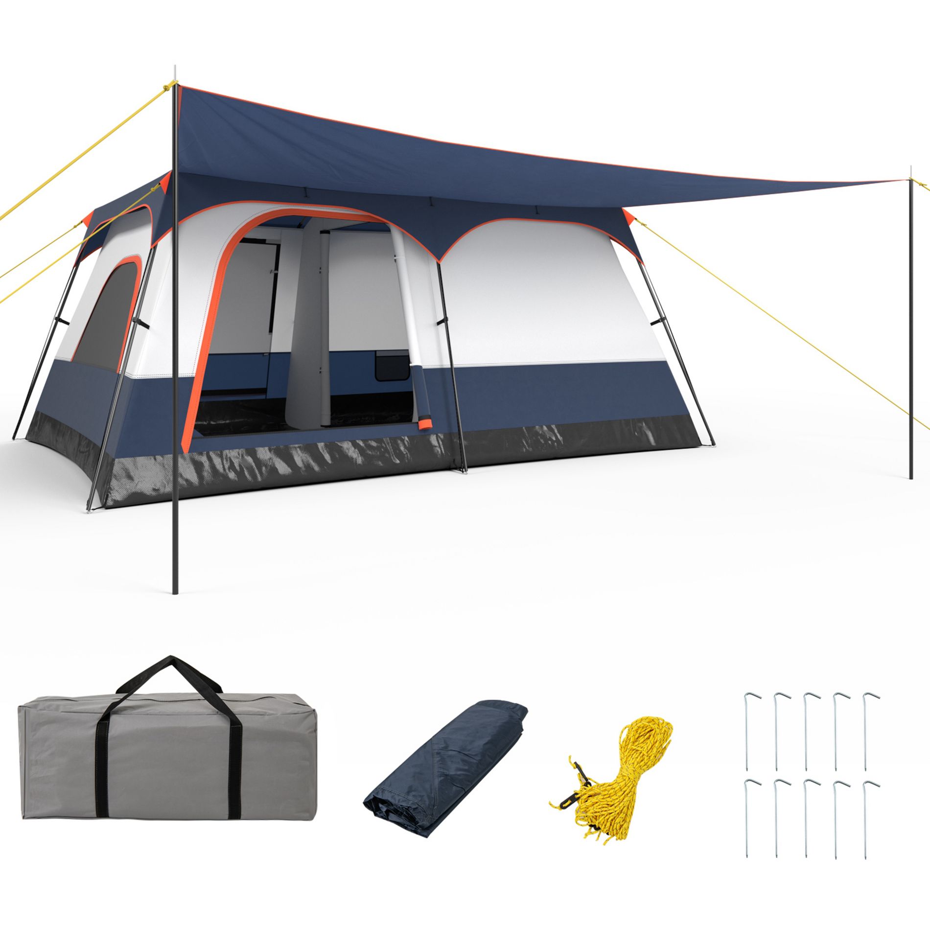 Costway 10-Person Camping Tent with Porch Large Family Cabin Tent w/ 2 Rooms 2 Doors