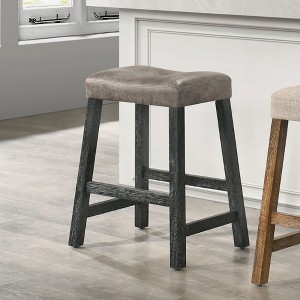 Okak 25 Inch Counter Stools Set of 2, Rustic Backless Barstools with Leather Seat and Distressed Finish, Space-Saving Farmhouse Seating - 1 of 4