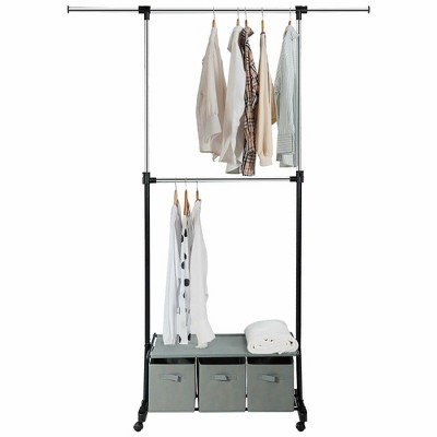 Costway 2-Rod Adjustable Garment Rack Rolling Clothes Organizer w/ Shelf & Storage Boxes