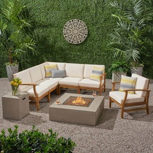 Christopher Knight Home Illona Outdoor Acacia Wood 6 Seater Sectional Sofa and Club Chair Set with Fire Pit - 1 of 4