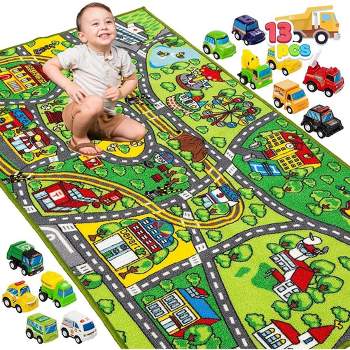 Syncfun Carpet Playmat w/ 12 Cars Pull-Back Vehicle Set for Kids Age 3+, Jumbo Play Room Rug, City Pretend Play