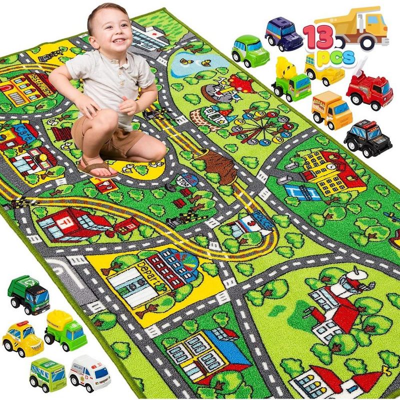 Syncfun Carpet Playmat w/ 12 Cars Pull-Back Vehicle Set for Kids Age 3+, Jumbo Play Room Rug, City Pretend Play, 1 of 10