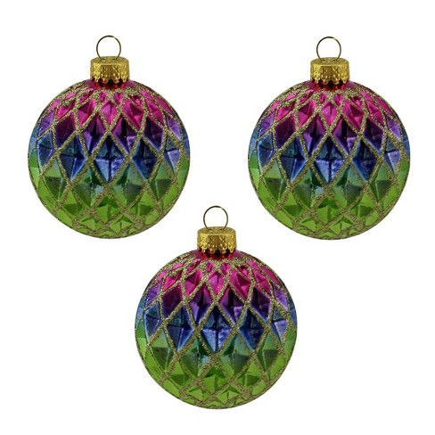 Northlight 3ct Diamond Design Glass Ball Christmas Ornament Set 2.5 ...