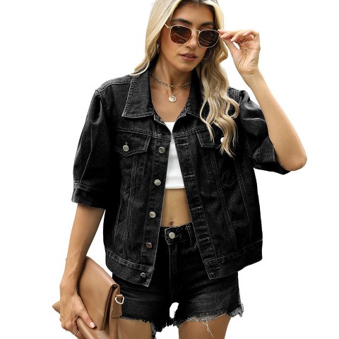 Женские куртки YesFashion Women’s Vintage Washed Loose Short Sleeve Denim Jacket Lapel Button Down Casual Outerwear Summer Jean Coat,M,Black gray