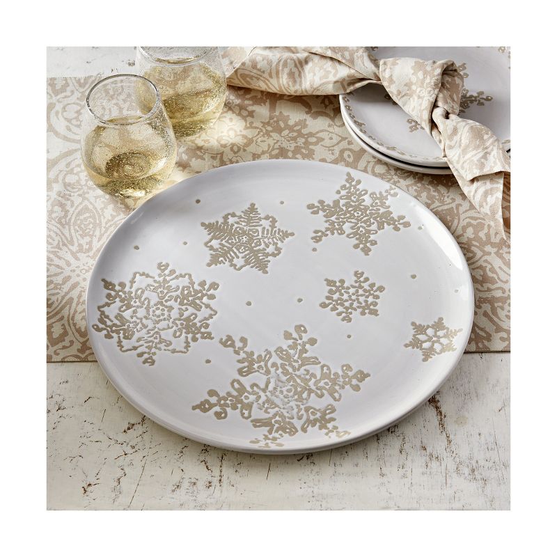 tagltd "Falling Snow Platter" Winter Gold Snowflake Accented 14-inch Round White Dolomite Serving Platter., 2 of 3